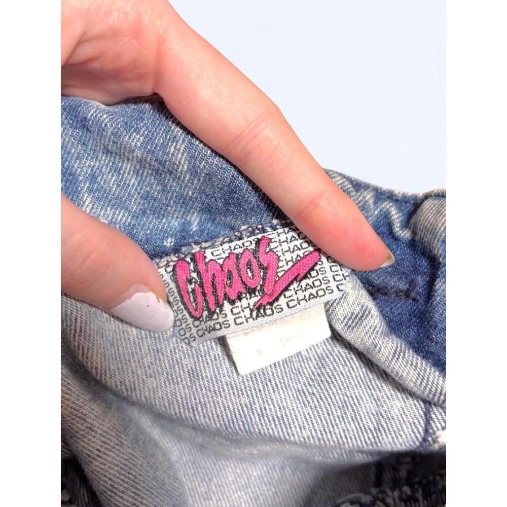 Vintage 80s Chaos High Waisted Acid Wash Denim Skirt Caramel Leather Belt - Picture 5 of 6